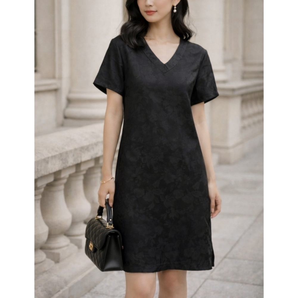 Black Asian Mulberry Silk Spandex V-Neck Short Sleeve Shift Dress, Small Medium